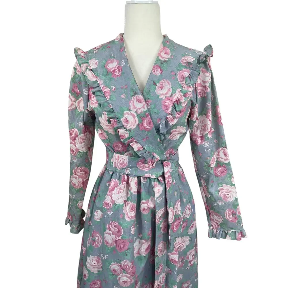 Vintage Komar Floral Robe Housecoat Ruffles Cottage Coquette USA Size Small - Picture 5 of 16